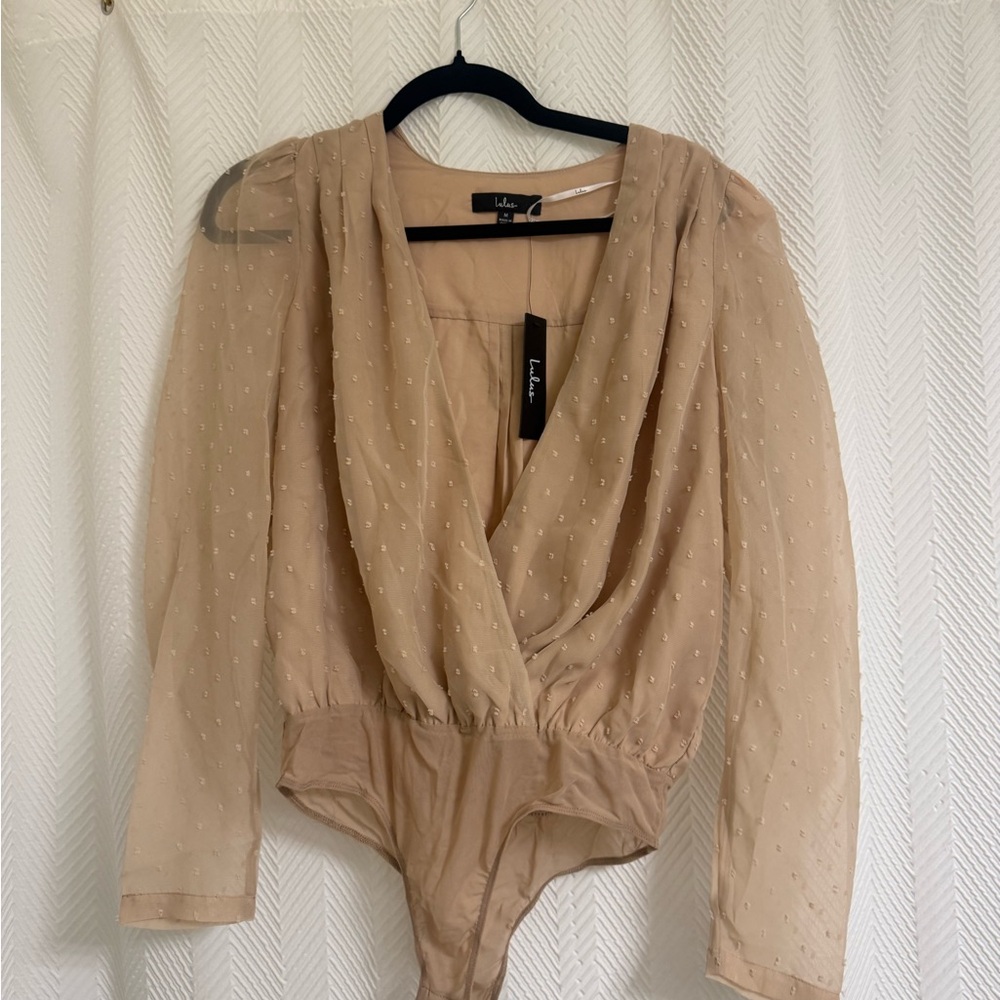 Lulu's Taupe Sheer Dotted Draped V-Neck Bodysuit
